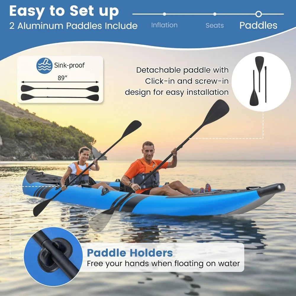 Inflatable Kayak for 2 People with 507 Pounds Capacity Drop-Stitch Floor All Accessories and Carry Bag 12.5 Feet Large Sit - Wild Paw Outdoors