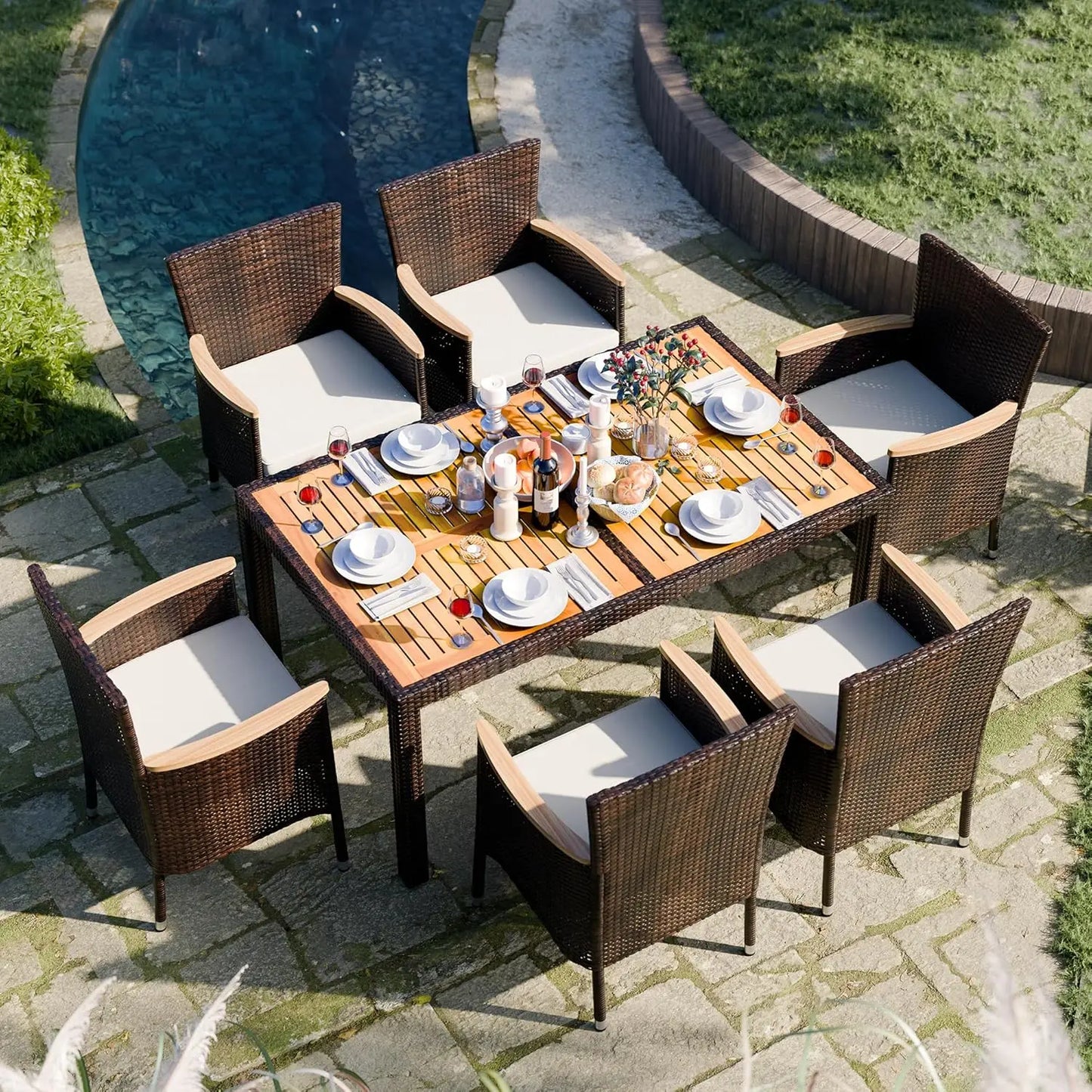 Wicker Patio Furniture Set with Acacia Wood Table and Six Chairs with Soft Cushions for Outdoor Dining Garden Set - Wild Paw Outdoors