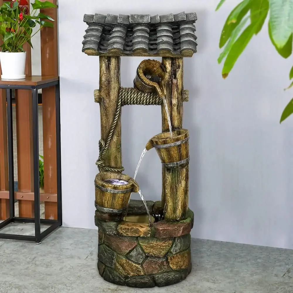Wishing Well Water Fountain 39.3 Inches Rustic Outdoor Water Fountain with Buckets Durable Cascading Fountain - Wild Paw Outdoors