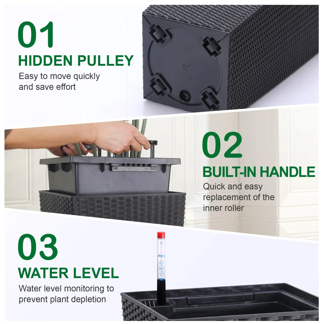 Set of 2 Rattan Style Planters 30 Inch Self Watering Flower Pots with Drainage Holes Water Level Monitor and Inner Bucket Indoor Outdoor - Wild Paw Outdoors