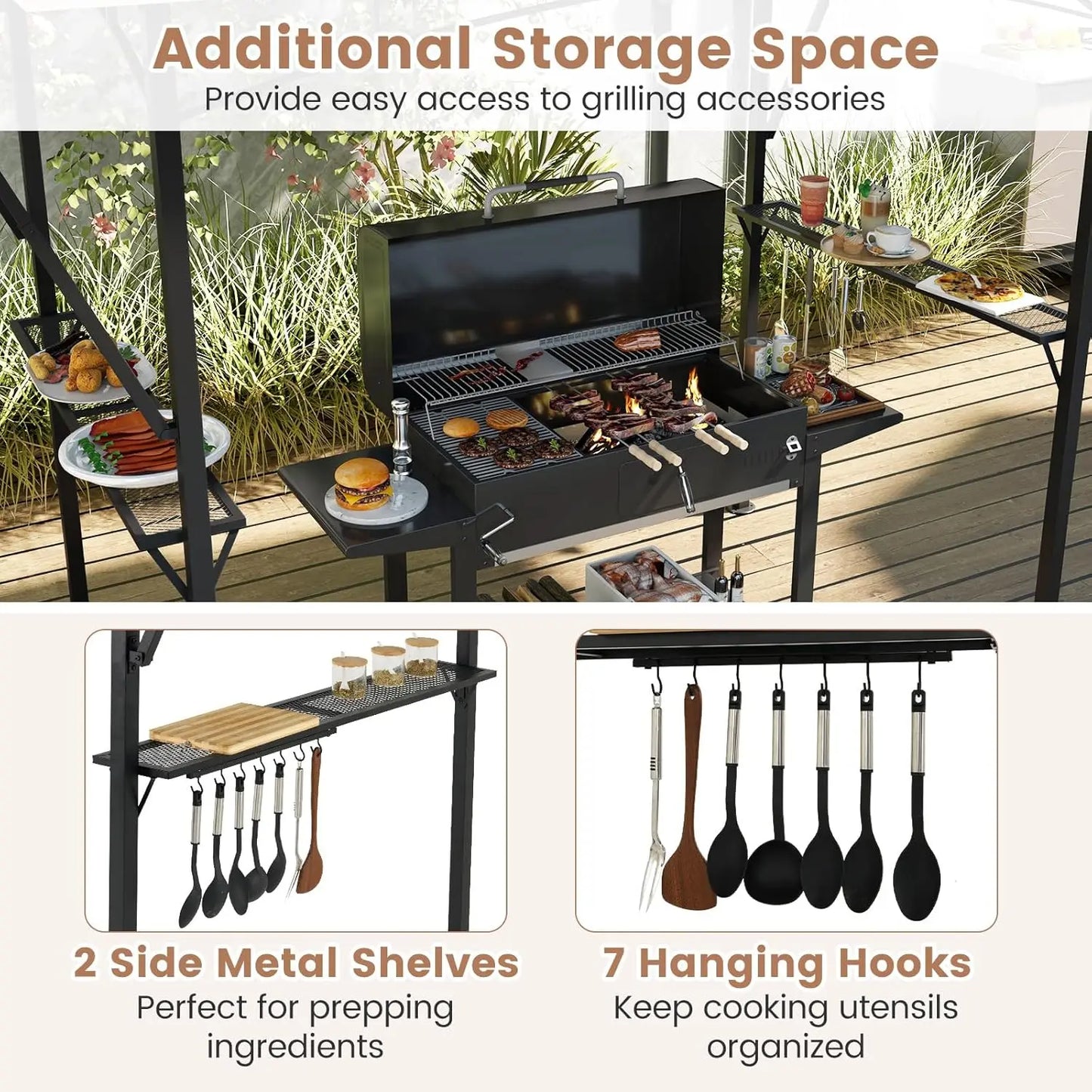 13x5 Ft Grill Gazebo with Dual Side Awnings 2-Tier Barbecue Gazebo with Shelves and Hooks Adjustable Shade Outdoor Grill Canopy - Wild Paw Outdoors