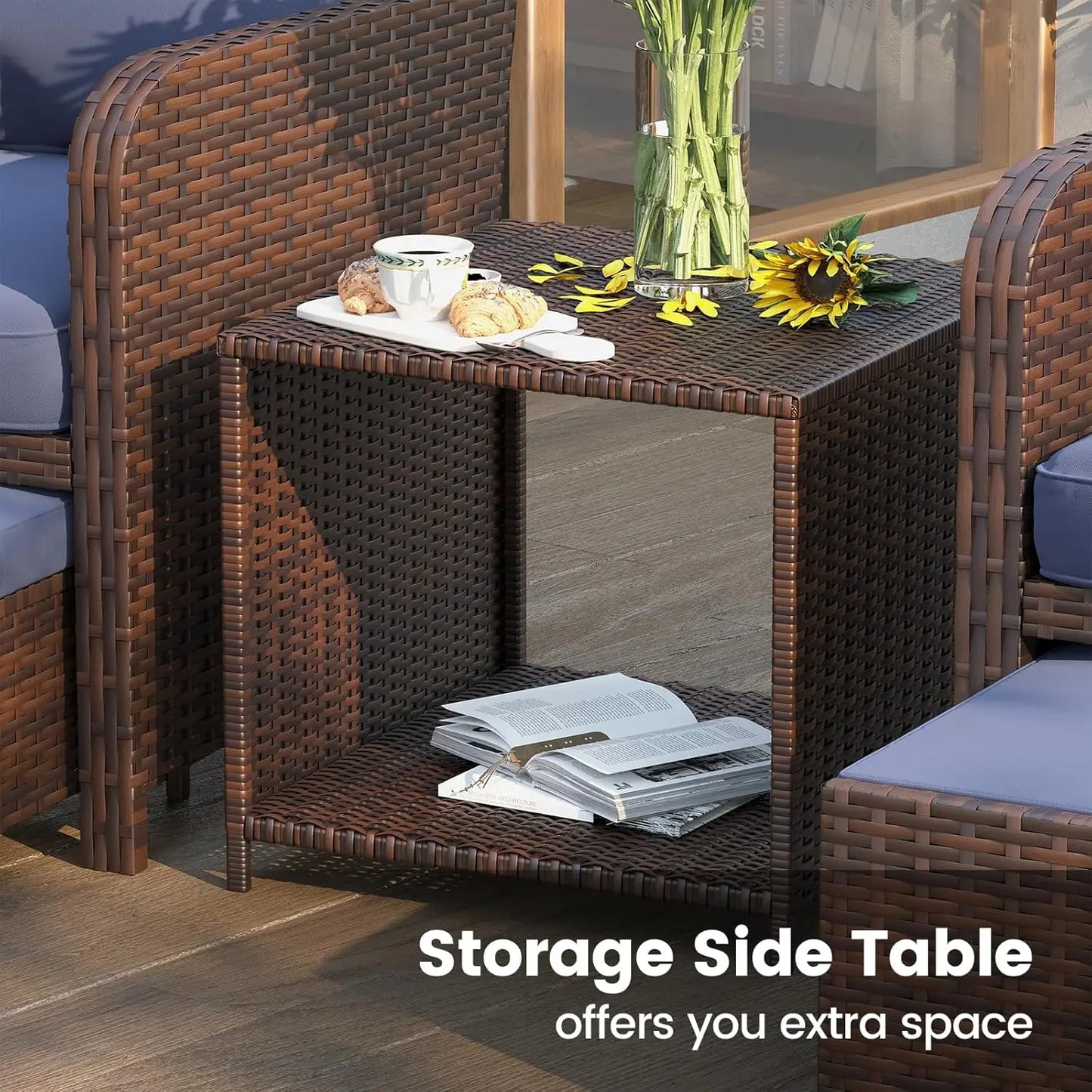 Balcony Furniture Patio Chairs with Hidden Ottoman Five Piece Set with Side Table for Front Porch Blue Cushion - Wild Paw Outdoors