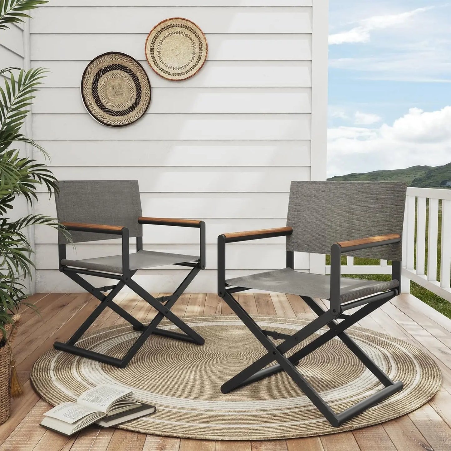 Extra Wide 2 Pack Directors Chairs Folding Dining Chair Set with Sling Woodgrain Armrests Outdoor - Wild Paw Outdoors