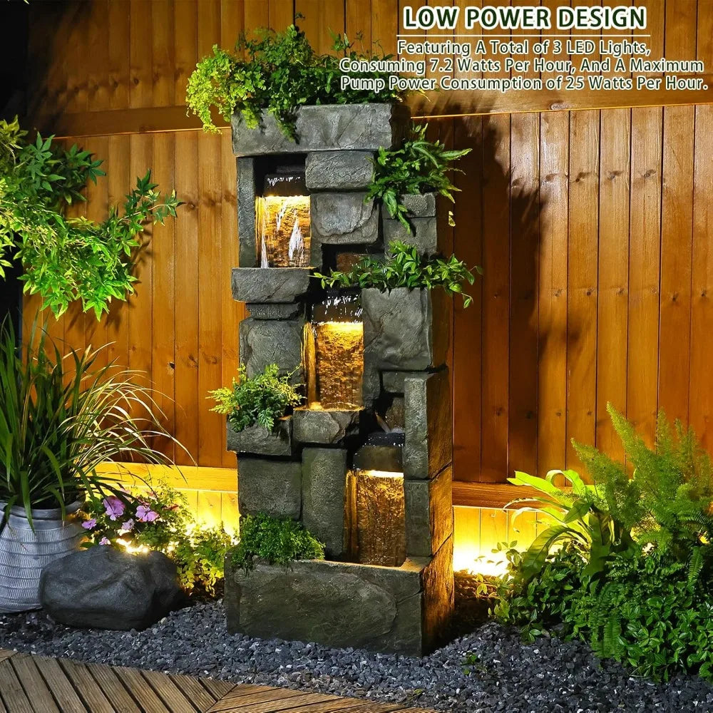 56.3 Inch High Garden Fountain with LED Lights and Water Pump Three Layer Rock Fountain for Home and Garden Decoration - Wild Paw Outdoors