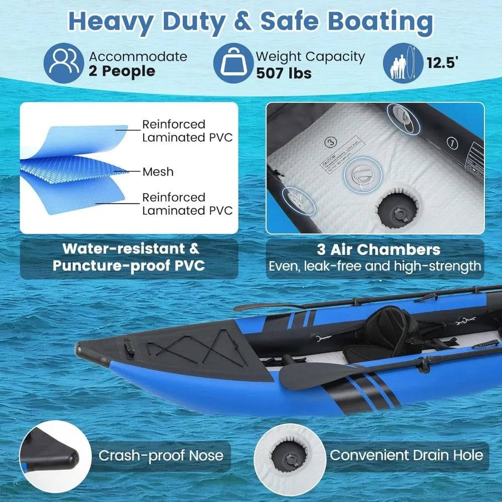 Inflatable Kayak for 2 People with 507 Pounds Capacity Drop-Stitch Floor All Accessories and Carry Bag 12.5 Feet Large Sit - Wild Paw Outdoors