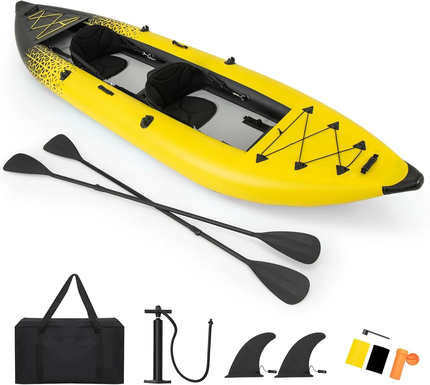 Inflatable Kayak for 2 People with 507 Pounds Capacity Drop-Stitch Floor All Accessories and Carry Bag 12.5 Feet Large Sit - Wild Paw Outdoors