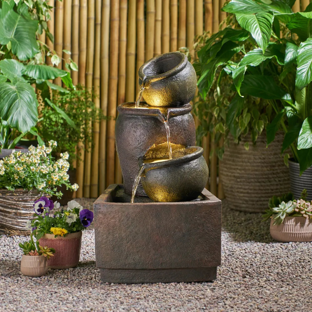 3 Tier Bochas Fountain Rustic Brown Outdoor Waterfall LED - Wild Paw Outdoors