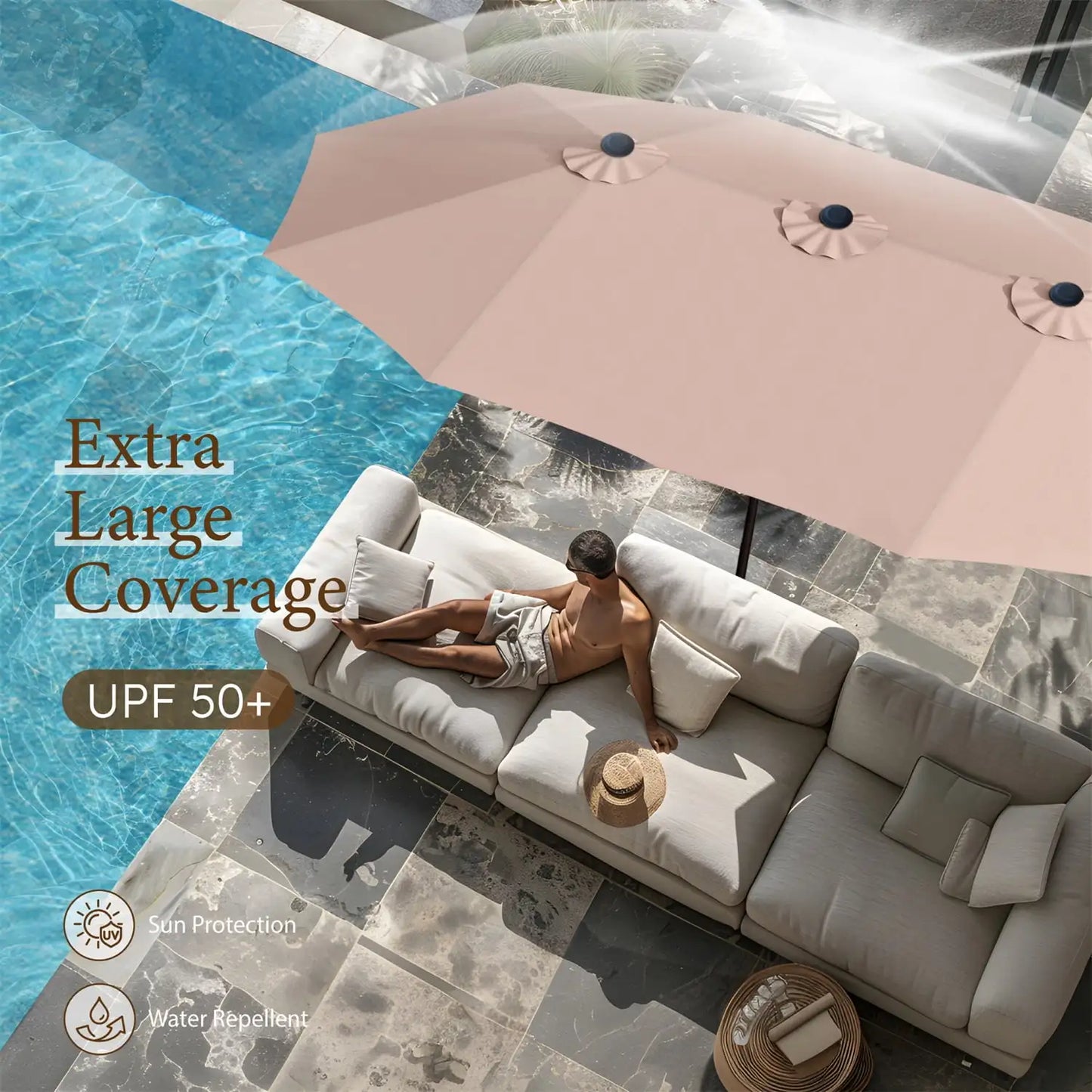 15 Ft Large Patio Umbrella with Base Double Sided Rectangular Outdoor Deck Umbrella Beige - Wild Paw Outdoors