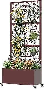 Metal Planter Box with Trellis 71 Inch by 47 Inch by 16 Inch Raised Garden Bed with Privacy Screen and Drainage Hole - Wild Paw Outdoors