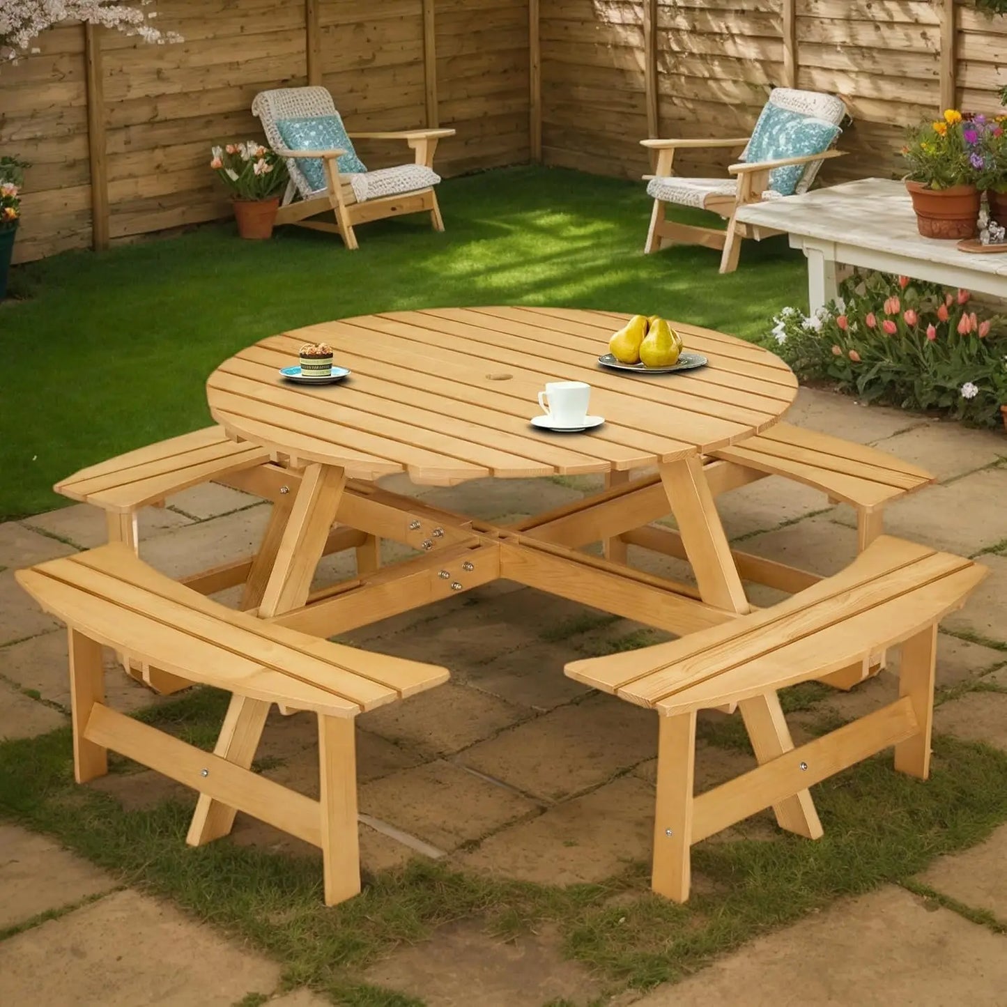 8 Person Wood Picnic Table Outdoor Round Picnic Table with 4 Built-in Benches Umbrella Hole Outside Table and Bench Set - Wild Paw Outdoors