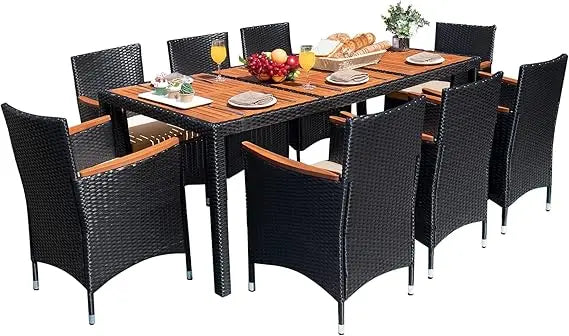 Outdoor Patio Dining Set 9 Pieces Wicker Dining Table and Chairs with Acacia Wood Top and Widened Armrests - Wild Paw Outdoors