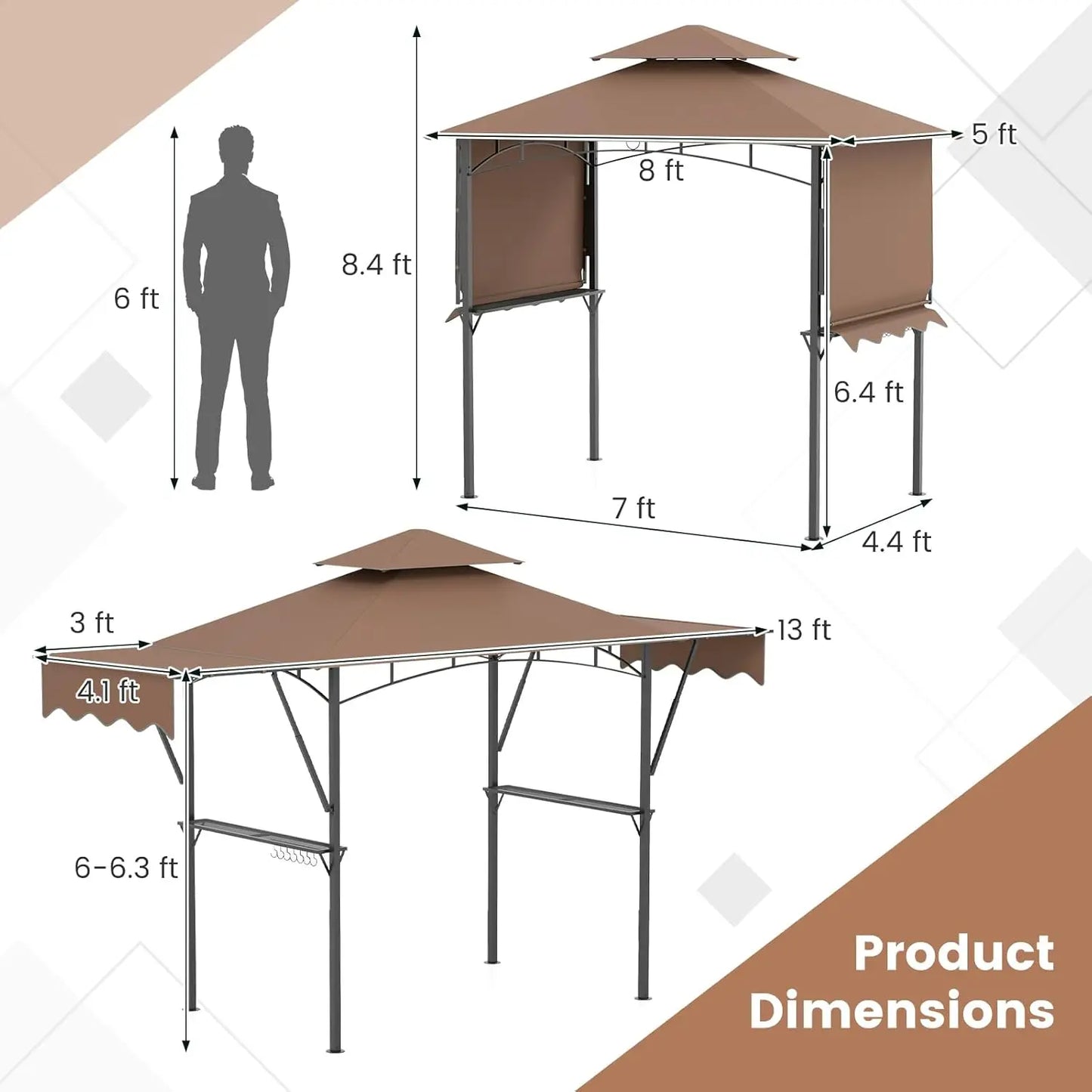 13x5 Ft Grill Gazebo with Dual Side Awnings 2-Tier Barbecue Gazebo with Shelves and Hooks Adjustable Shade Outdoor Grill Canopy - Wild Paw Outdoors