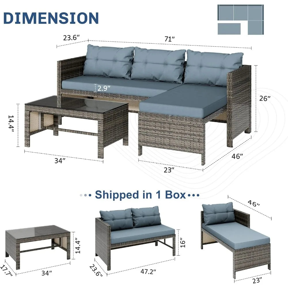 Outdoor Patio Furniture 3 Piece Waterproof Outdoor Sectional Sofa All Weather L Shaped Patio Couch with Cushion Glass Table - Wild Paw Outdoors