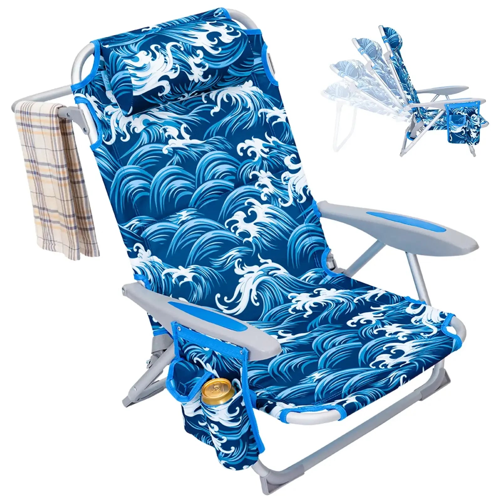 4 Position Aluminum Folding Beach Chair Low Seat Camping Chair for Adults Blue - Wild Paw Outdoors