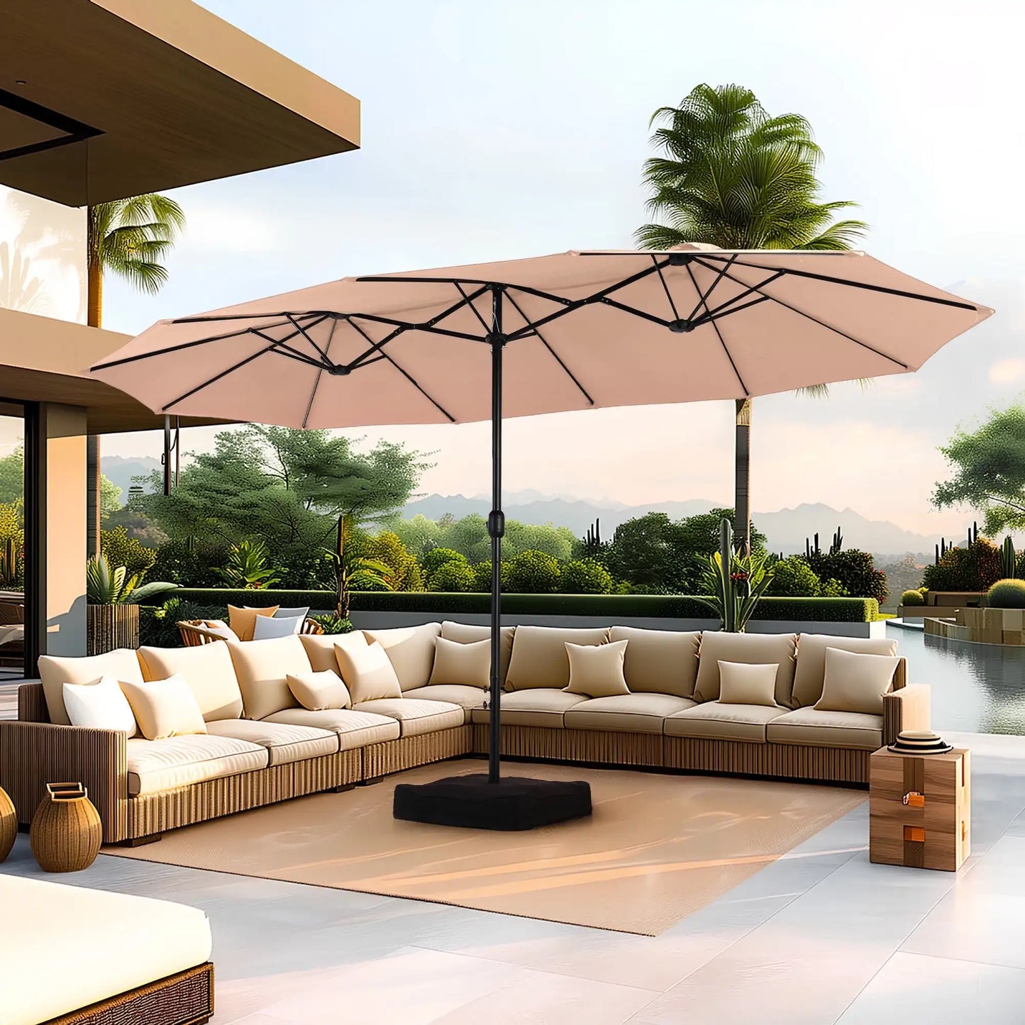 15 Ft Large Patio Umbrella with Base Double Sided Rectangular Outdoor Deck Umbrella Beige - Wild Paw Outdoors