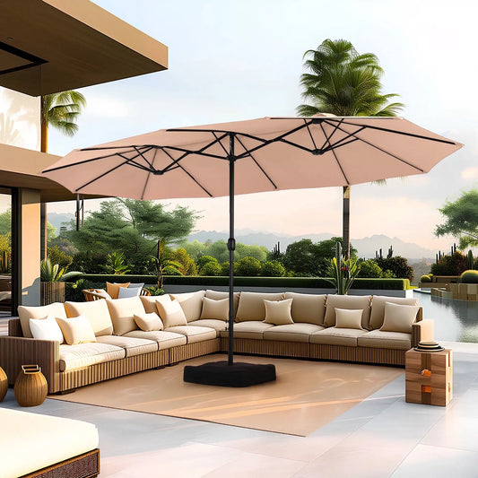 15 Ft Large Patio Umbrella with Base Double Sided Rectangular Outdoor Deck Umbrella Beige - Wild Paw Outdoors