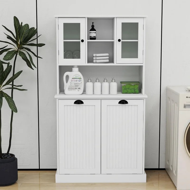 Double Doors Laundry Cabinet Hamper with Hidden Hamper and Glass Doors White 13 by 2 Gallons - Wild Paw Outdoors