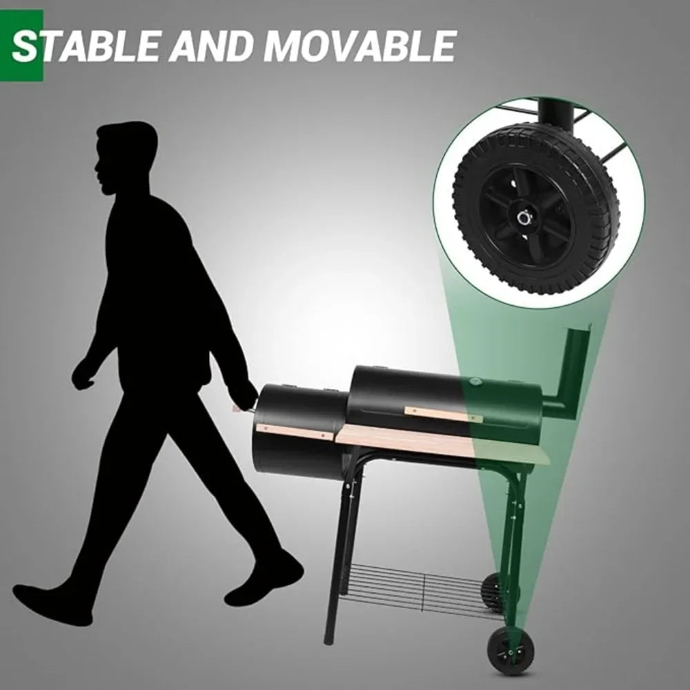 Charcoal Grill and Offset Smoker Outdoor Patio Barbecue Cooker with Wheels Portable Backyard BBQ Oven with Side Fire Box - Wild Paw Outdoors