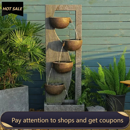 Outdoor Cascading Bowl Waterfall Fountain 49.2 Inches Tall with LED Lights Pump and Natural Stones for Garden - Wild Paw Outdoors