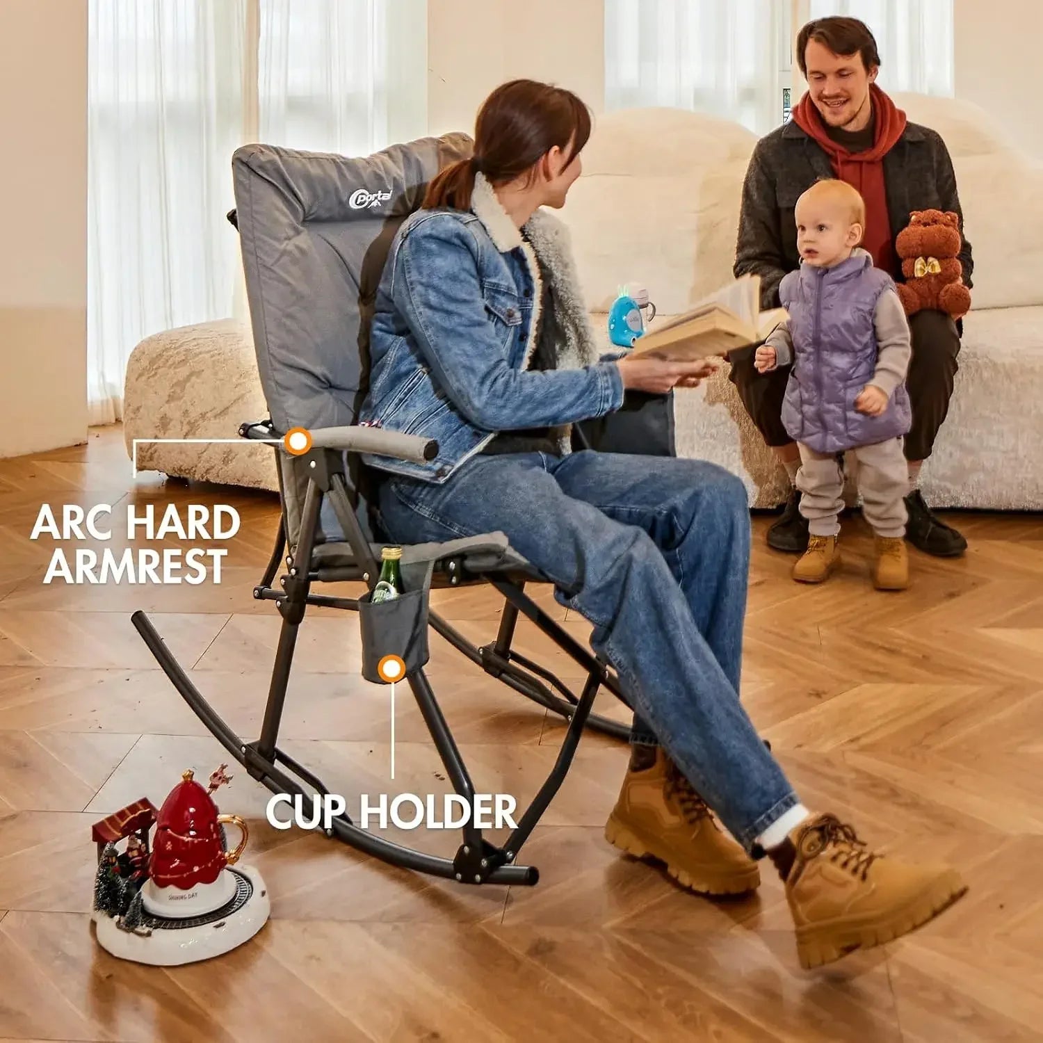 Folding Rocking Chair Indoor and Outdoor Thick Padded Recliner Portable Camping Rocker for Patio Front Porch Grey - Wild Paw Outdoors