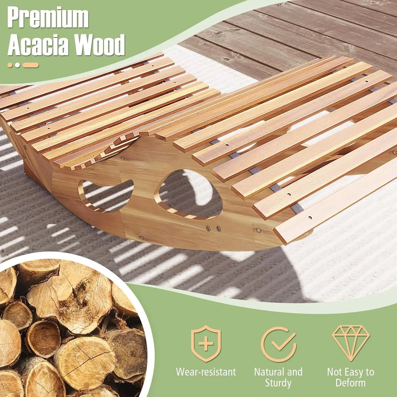 Outdoor Acacia Wood Chaise Lounge Chair Set of 2 Rocking Sun Lounger with Slatted Backrest and Seat - Wild Paw Outdoors