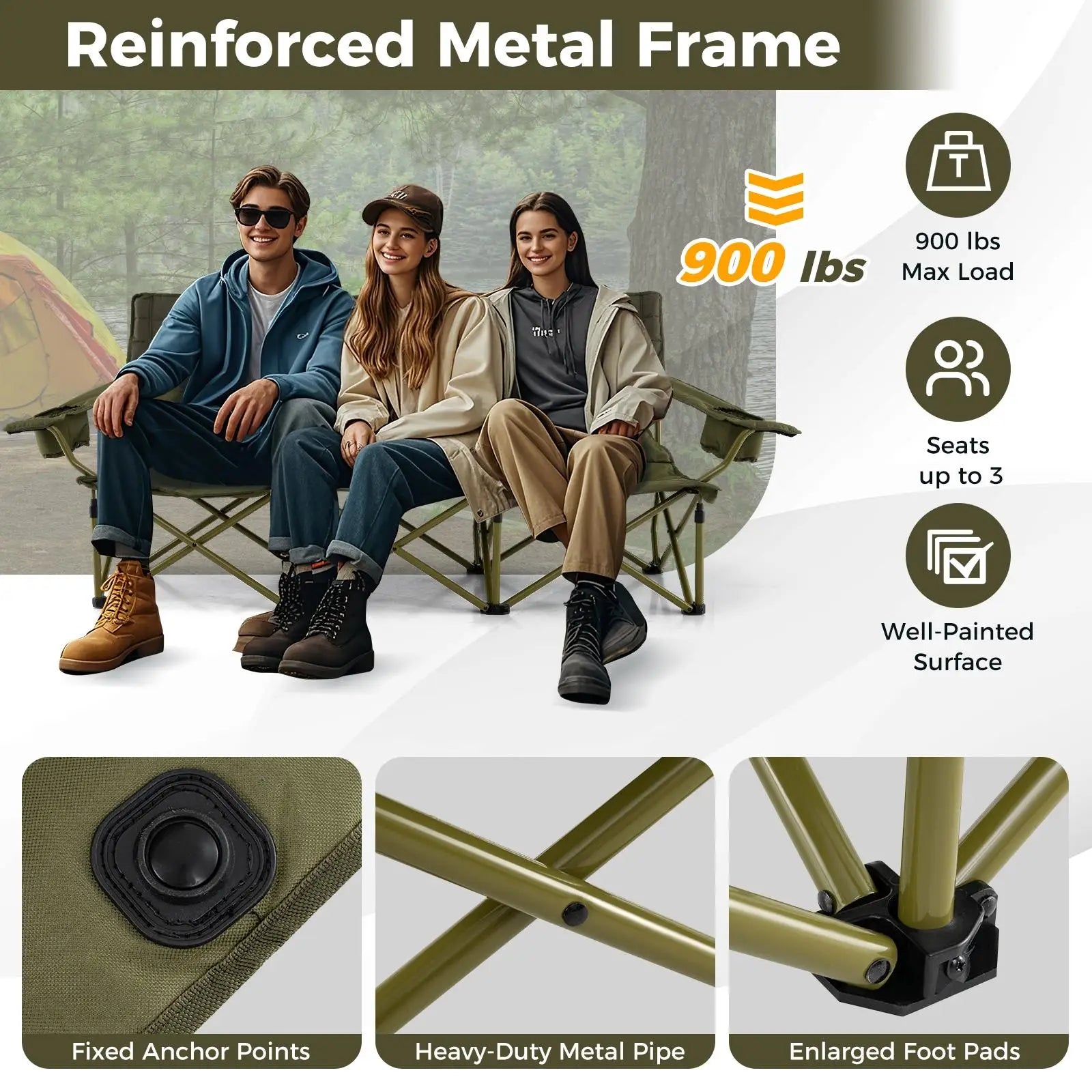 3 Person Folding Camping Chair Heavy-Duty Camp Couch with 2 Cup Holders Padding - Wild Paw Outdoors