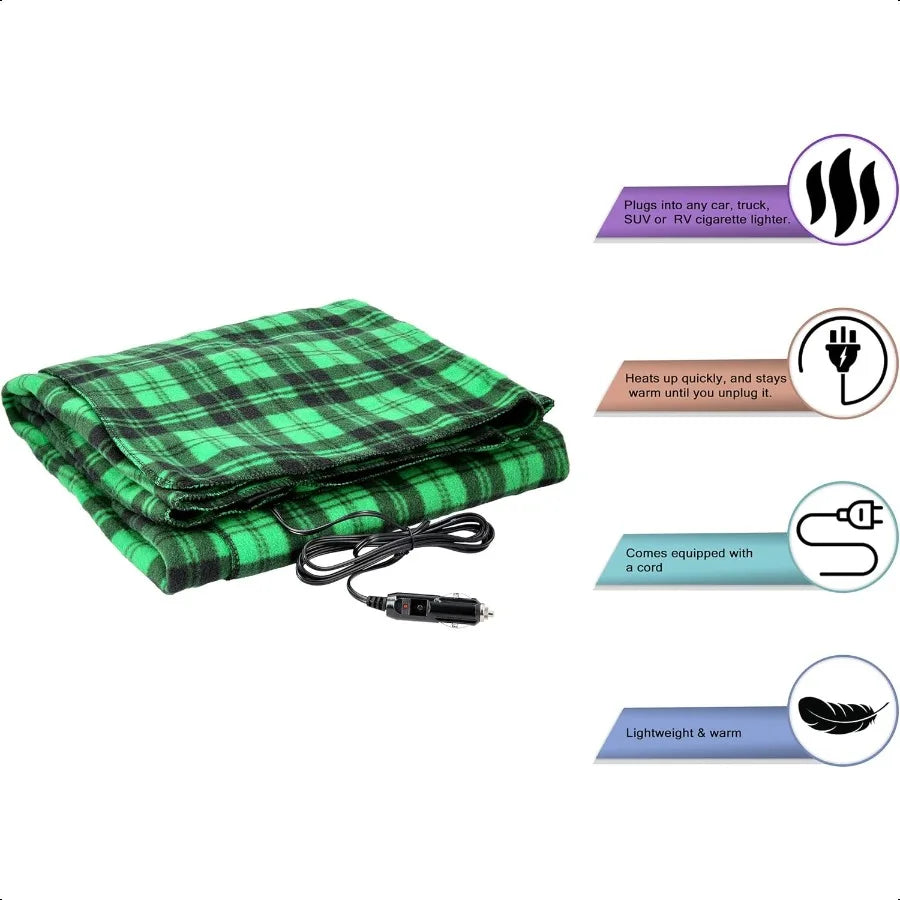 Heated 12 Volt Electric Blanket for Car RV Travel Green Plai