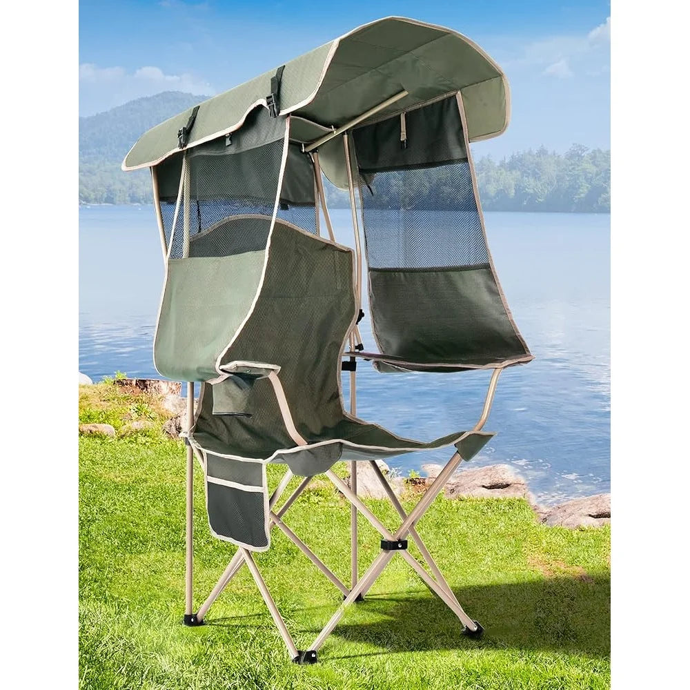 Folding Beach Chair with Canopy Shade Camping Chair Cup Holder Side Pocket Adjustable Sun Protection Support 330 lbs Heavy Duty - Wild Paw Outdoors