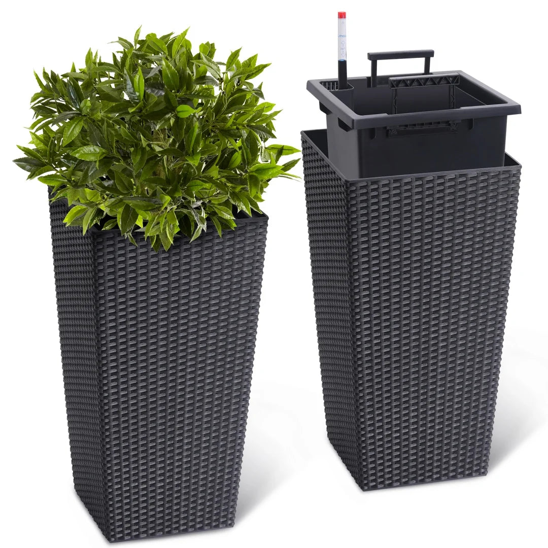 Set of 2 Rattan Style Planters 30 Inch Self Watering Flower Pots with Drainage Holes Water Level Monitor and Inner Bucket Indoor Outdoor - Wild Paw Outdoors