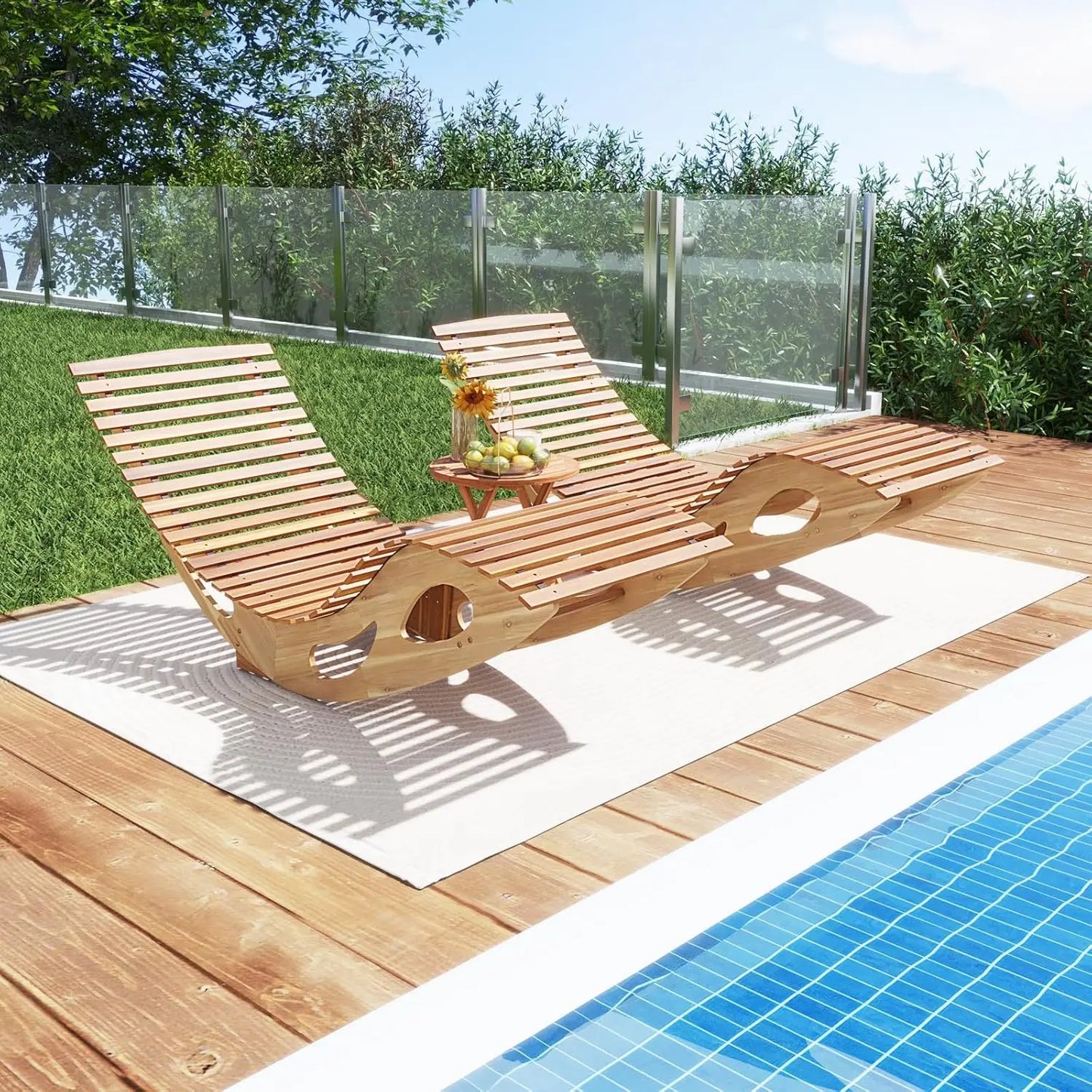 Outdoor Acacia Wood Chaise Lounge Chair Set of 2 Rocking Sun Lounger with Slatted Backrest and Seat - Wild Paw Outdoors
