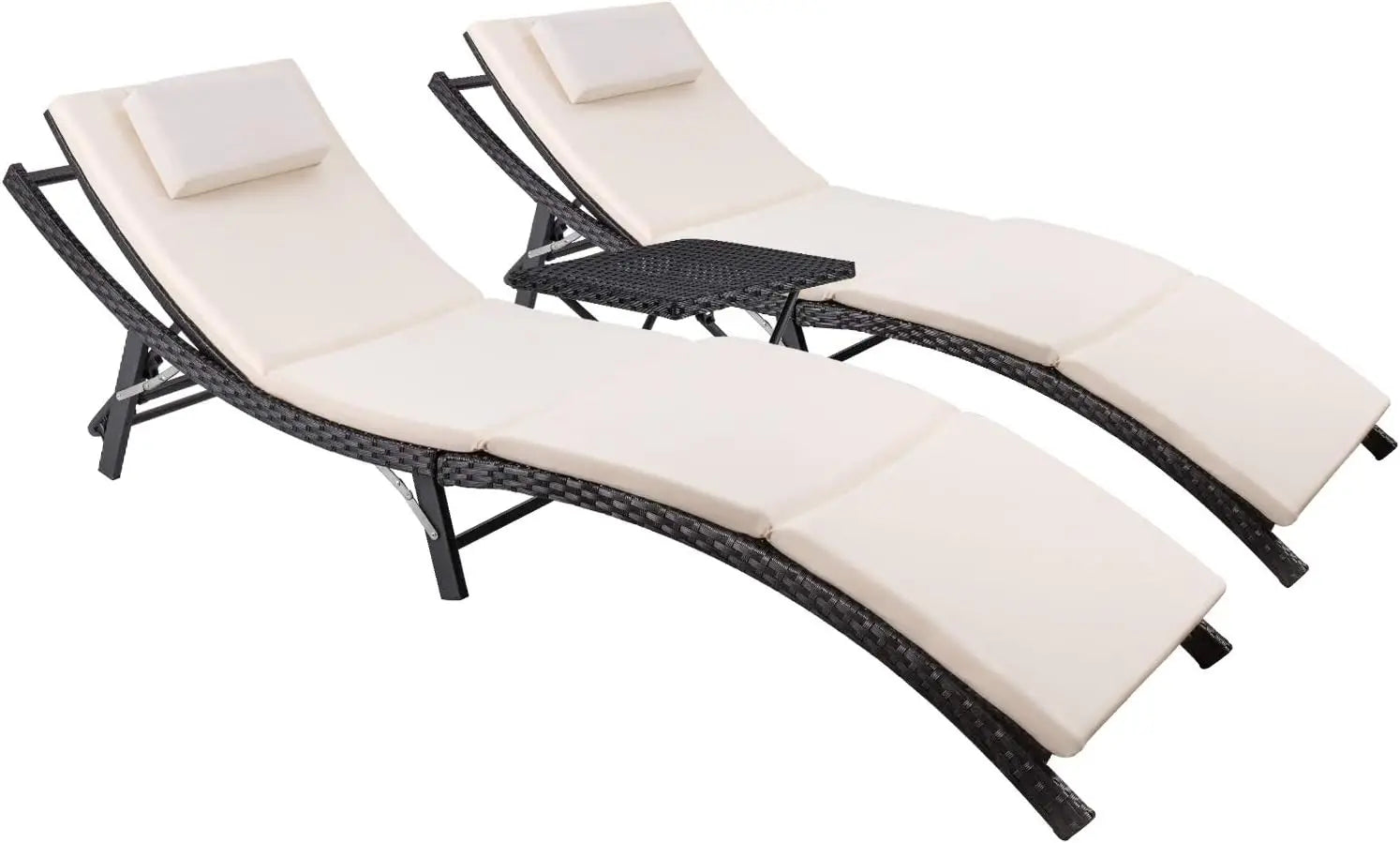 Patio Chaise Lounge Set Outdoor Rattan Adjustable Back Cushioned Folding Lounger with Table - Wild Paw Outdoors