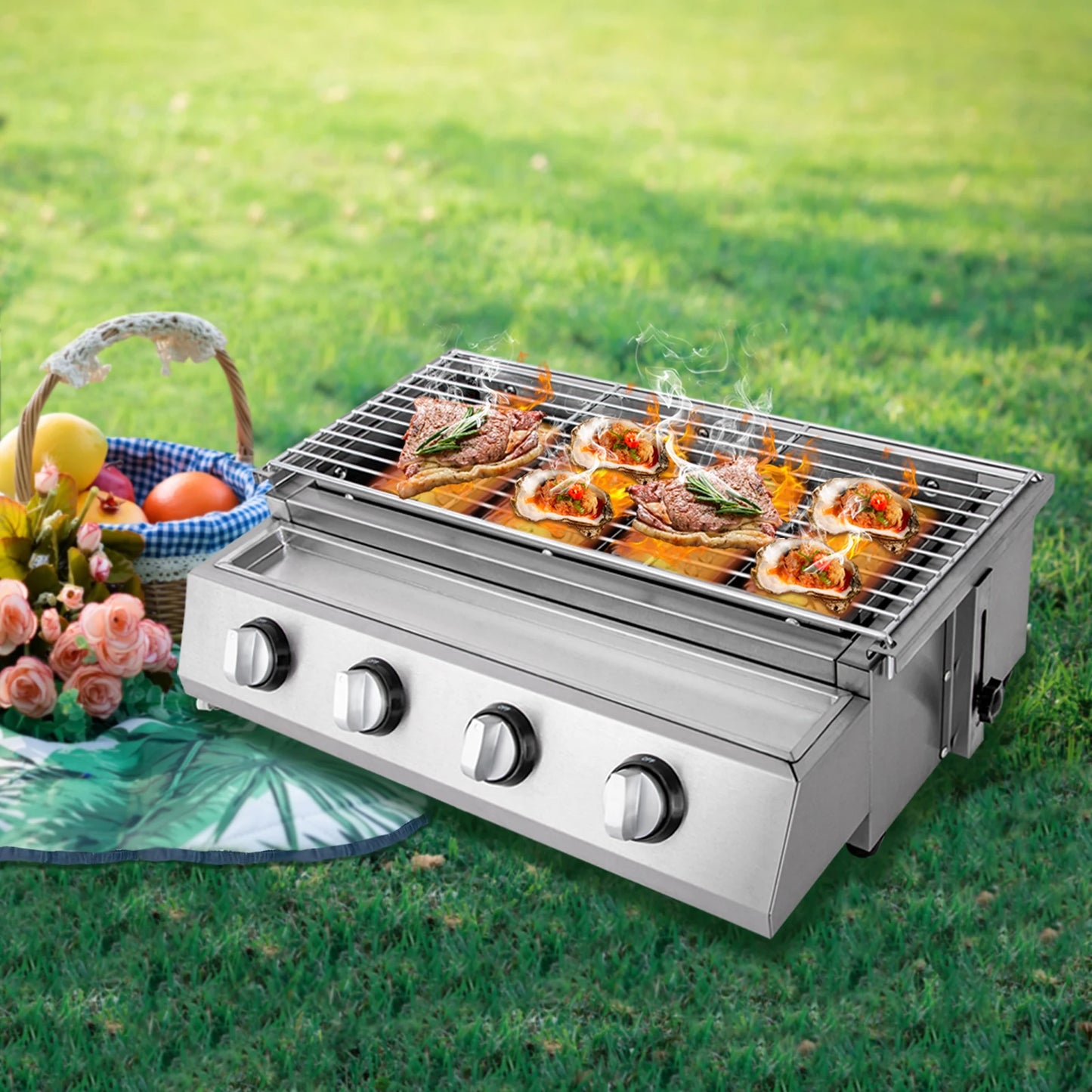 Stainless Steel Smokeless Barbecue Grill 4 Burners LPG Gas Grill Portable BBQ Grill Removable for Outdoor Patio Garden - Wild Paw Outdoors