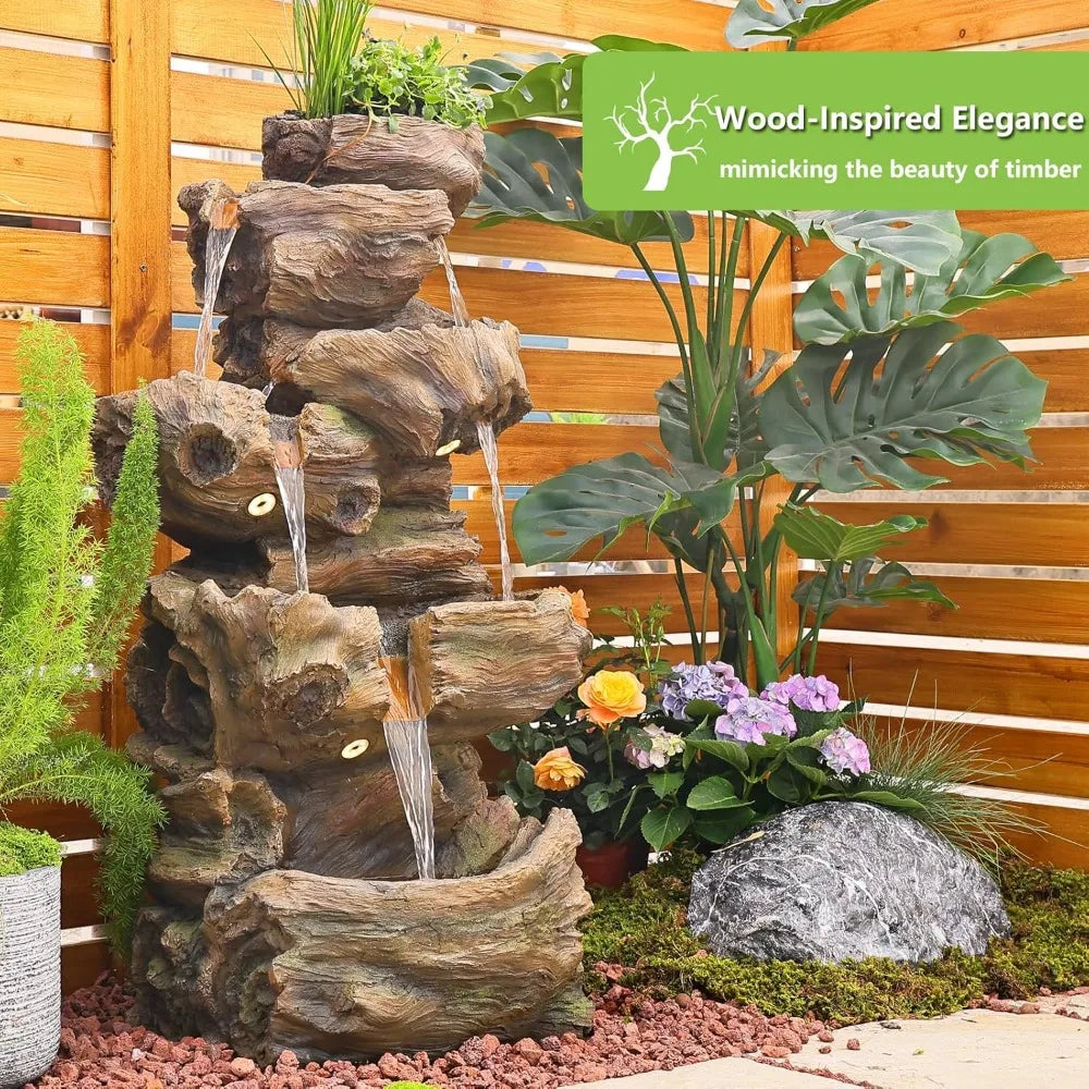 40.5 Inch Outdoor Garden Water Fountain 5 Tier Large Cascading Rock Waterfall Resin Imitation Wood with Adjustable Pump and Built-In Lighting - Wild Paw Outdoors