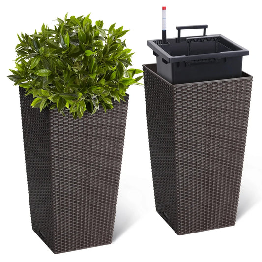 Set of 2 Rattan Style Planters 30 Inch Self Watering Flower Pots with Drainage Holes Water Level Monitor and Inner Bucket Indoor Outdoor - Wild Paw Outdoors