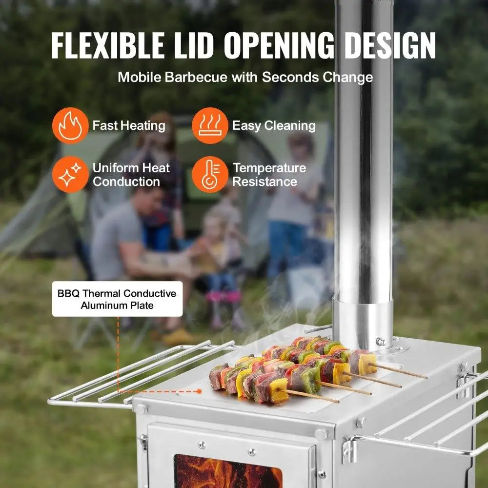 Stainless Steel Camping Wood Stove Built In Chimney