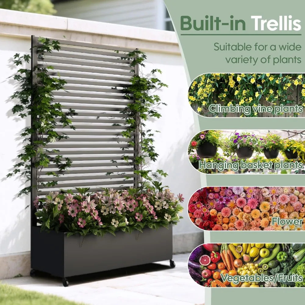 Metal Planter Box with Trellis Privacy Screen Raised Garden Bed with Wheels Modern Outdoor Planters for Patio - Wild Paw Outdoors