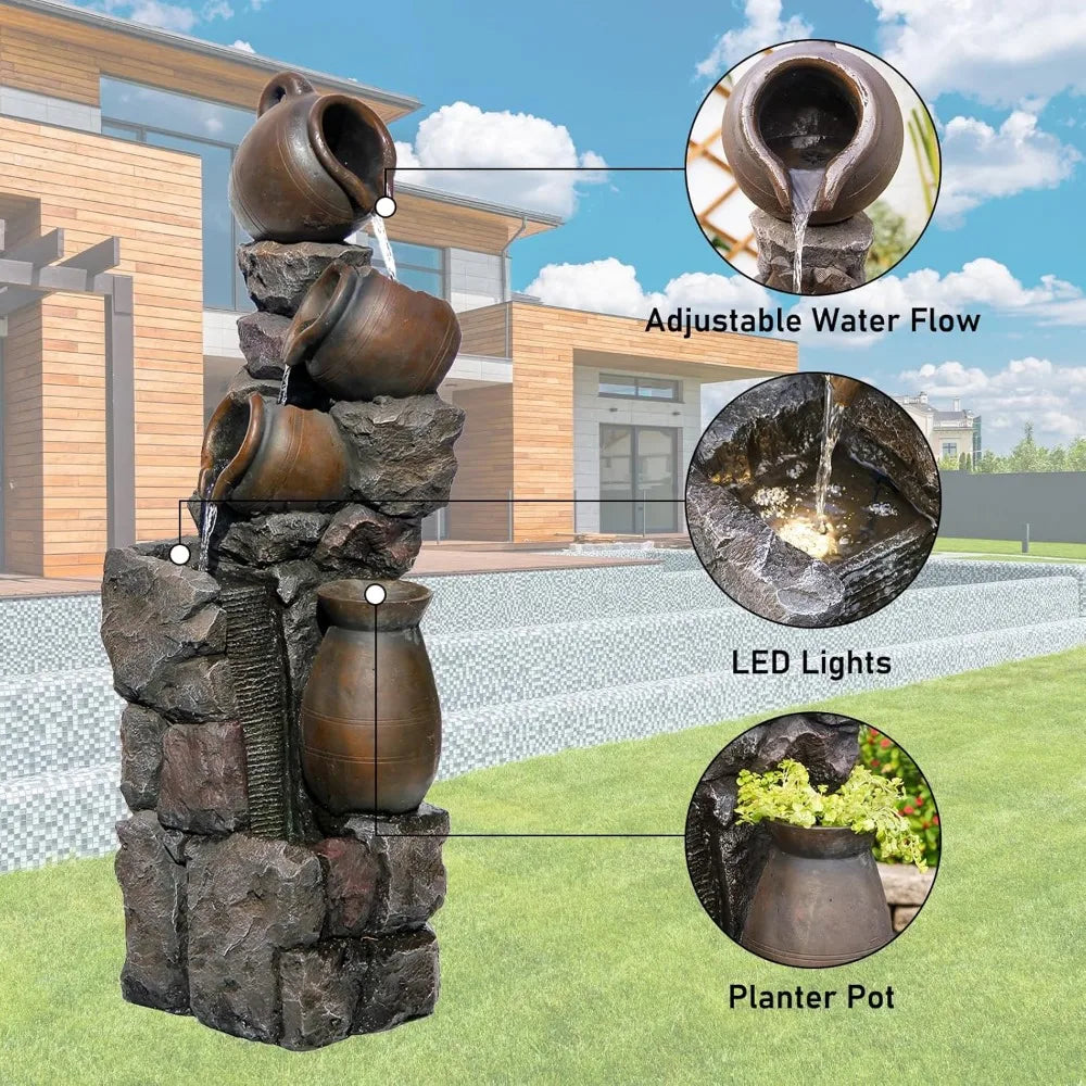 45.67 Inch Water Fountain Outdoor Planter Pot 5 Tiers Cascading Waterfall Garden Fountain Indoor LED Lights Water Feature - Wild Paw Outdoors