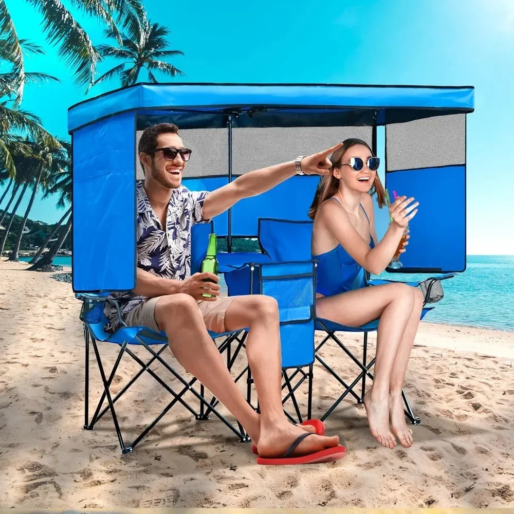 Double Camping Chair With Canopy Shade Beach Chairs With Cup Holder Heavy Duty Folding for Outside Lawn Patio Chaise De Plage - Wild Paw Outdoors