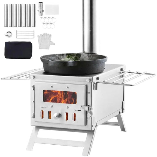 Stainless Steel Camping Wood Stove Built In Chimney