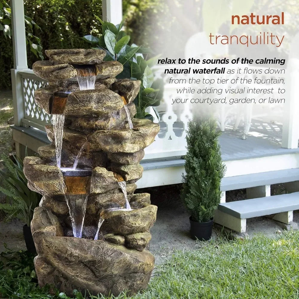 51 Inch Outdoor Six Story Fountain with LED Lights and Natural Stone Appearance for Gardens and Rock Waterfall Fountains - Wild Paw Outdoors