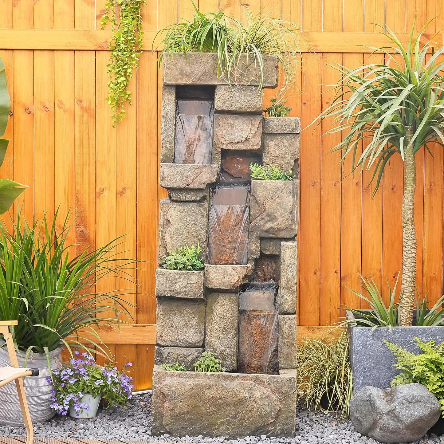 56.3 Inch High Garden Fountain with LED Lights and Water Pump Three Layer Rock Fountain for Home and Garden Decoration - Wild Paw Outdoors