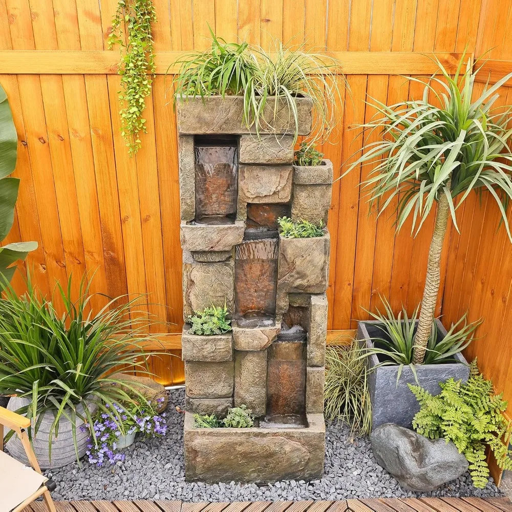56.3 Inch High Garden Fountain with LED Lights and Water Pump Three Layer Rock Fountain for Home and Garden Decoration - Wild Paw Outdoors
