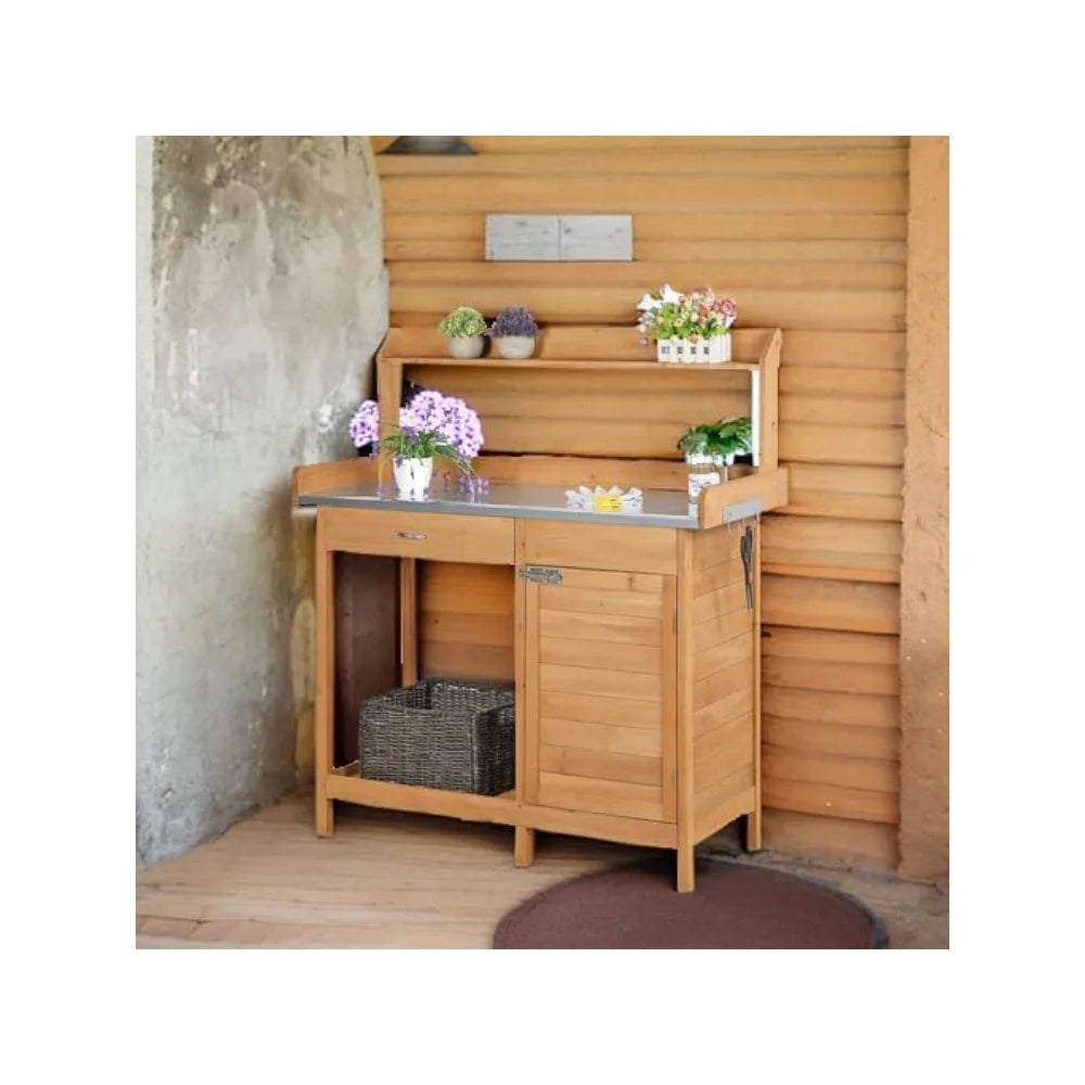 Outdoor Potting Bench Table Work Station Garden Planting Table with Cabinet Drawer Top Shelf and Lower Shelf - Wild Paw Outdoors