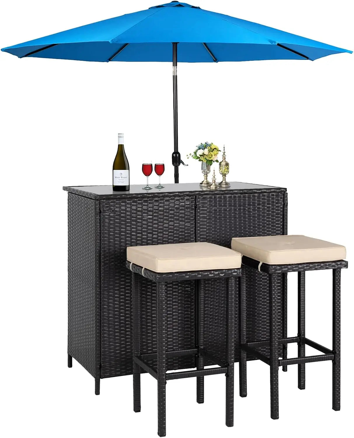 3 Piece Wicker Patio Outdoor Bar Set with 2 Stools and 1 Glass Top Table for Deck Lawn and Backyard - Wild Paw Outdoors