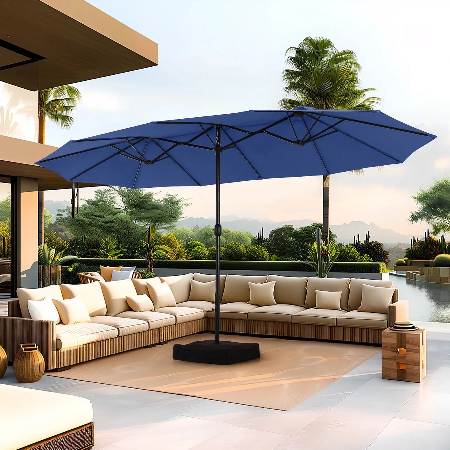 15 Ft Large Patio Umbrella with Base Double Sided Rectangular Outdoor Deck Umbrella Beige - Wild Paw Outdoors