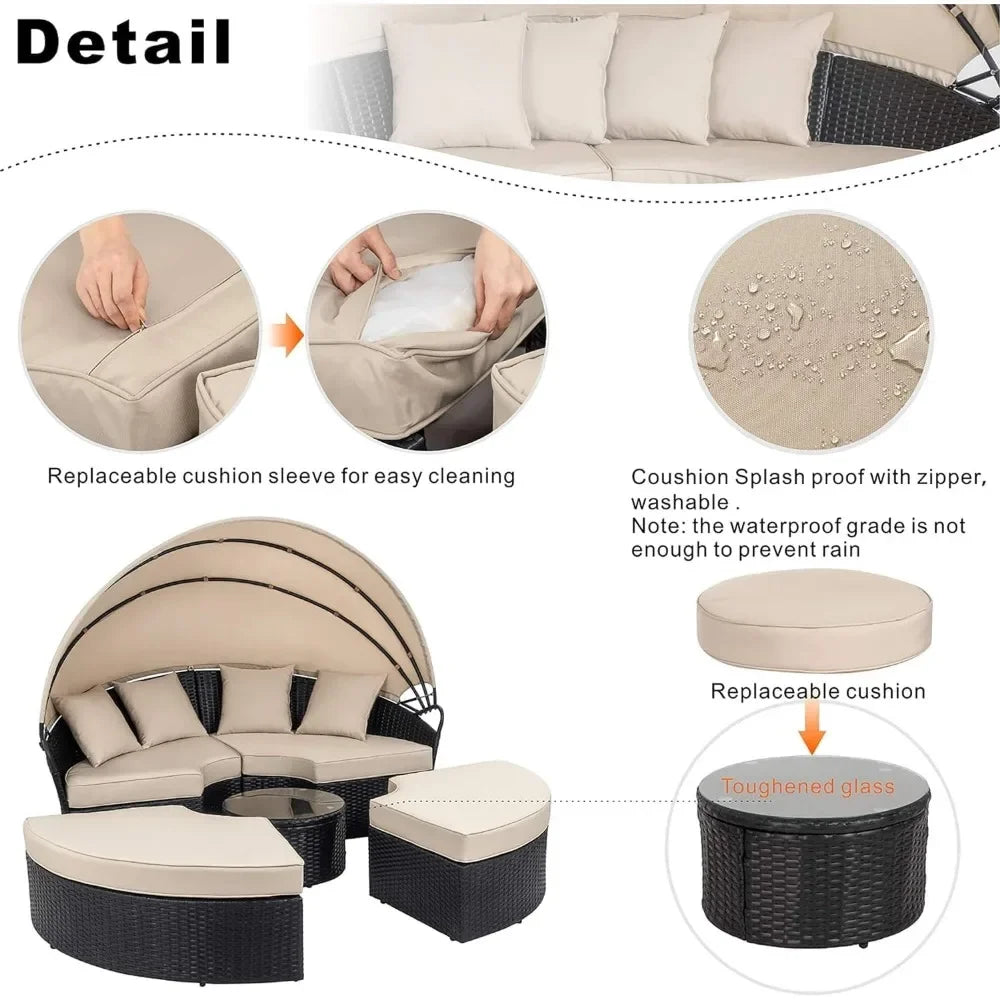 Patio Furniture Round Daybed with Retractable Canopy Outdoor Wicker Rattan Sectional Sofa Set Garden Furniture Sets - Wild Paw Outdoors