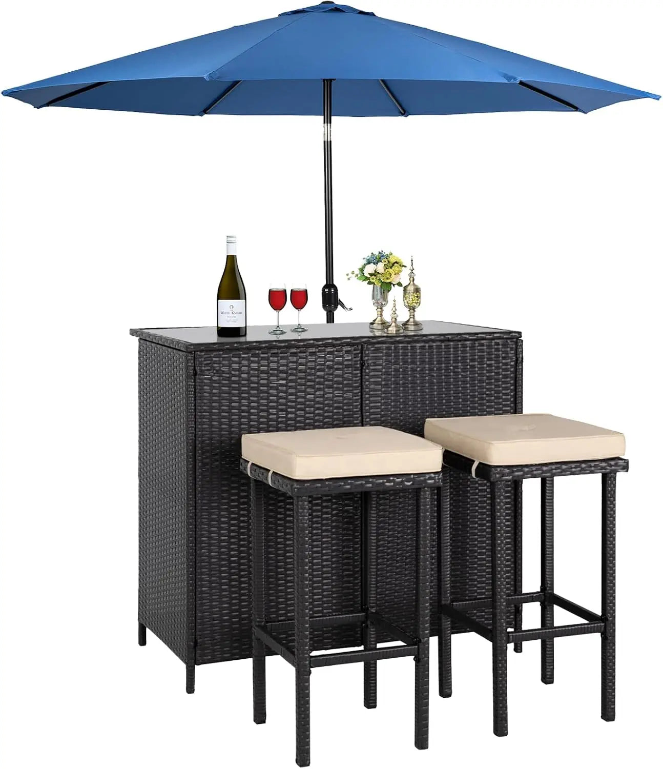 3 Piece Wicker Patio Outdoor Bar Set with 2 Stools and 1 Glass Top Table for Deck Lawn and Backyard - Wild Paw Outdoors