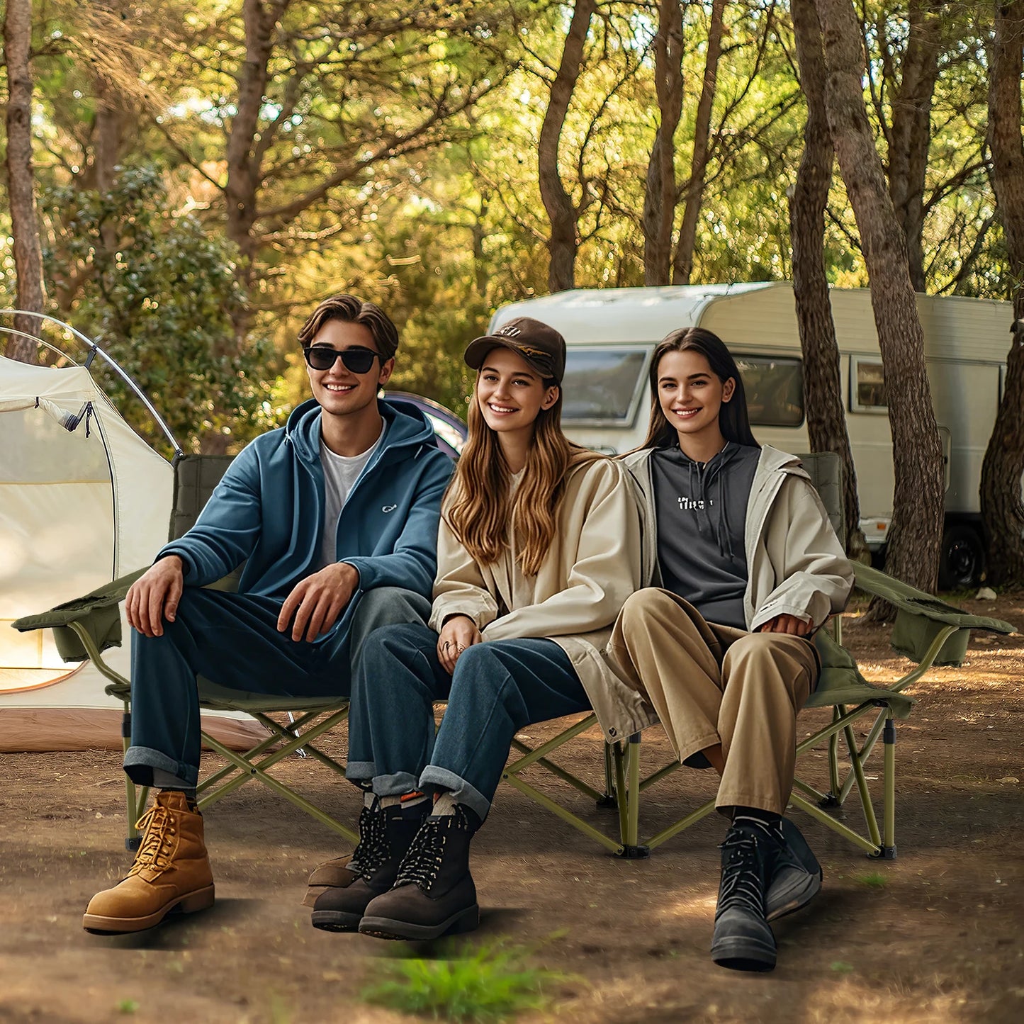 3 Person Folding Camping Chair Heavy-Duty Camp Couch with 2 Cup Holders Padding - Wild Paw Outdoors