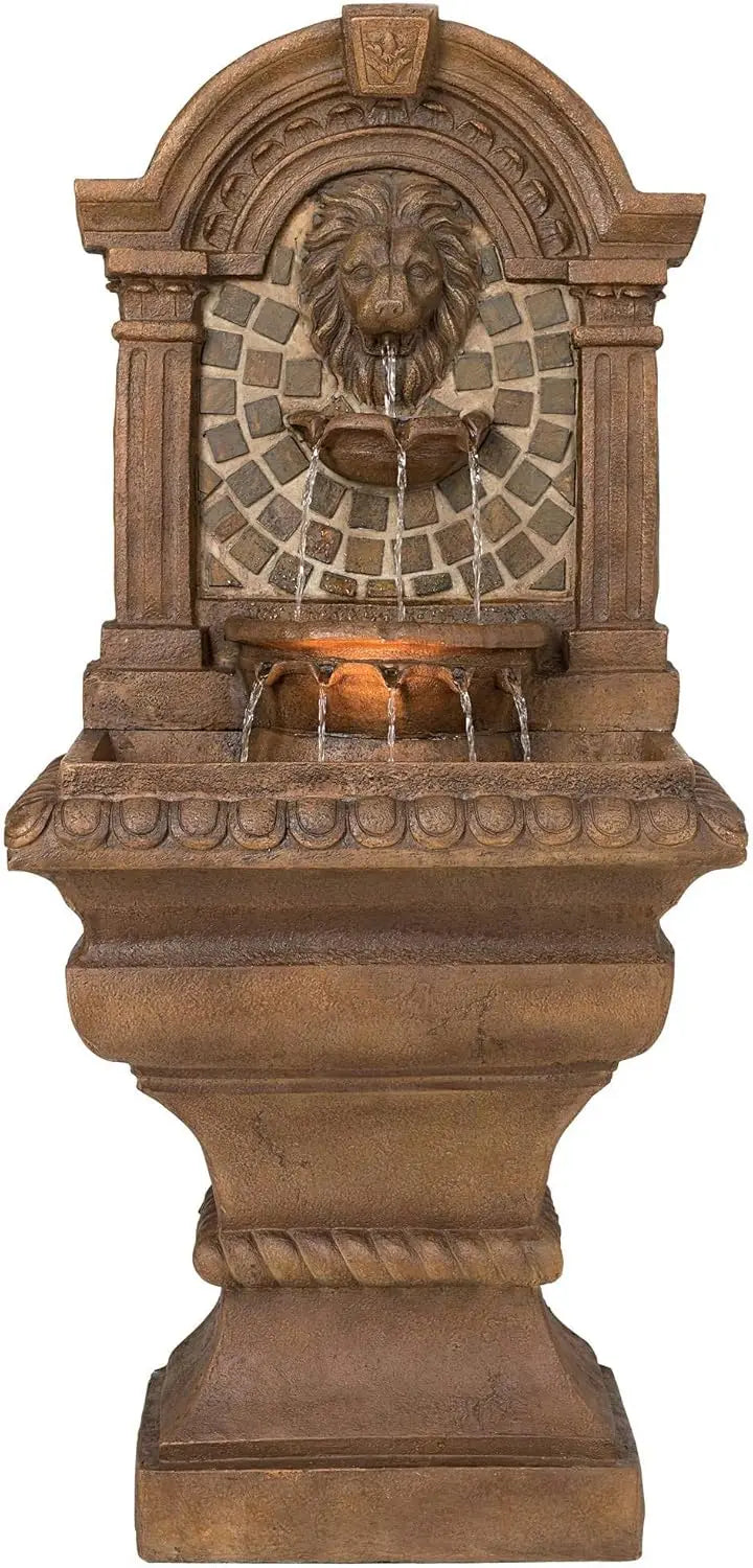 51 Inch High LED Light Floor Fountain Royal Lion Head Outdoor 3 Story Garden Courtyard Backyard Fountain - Wild Paw Outdoors