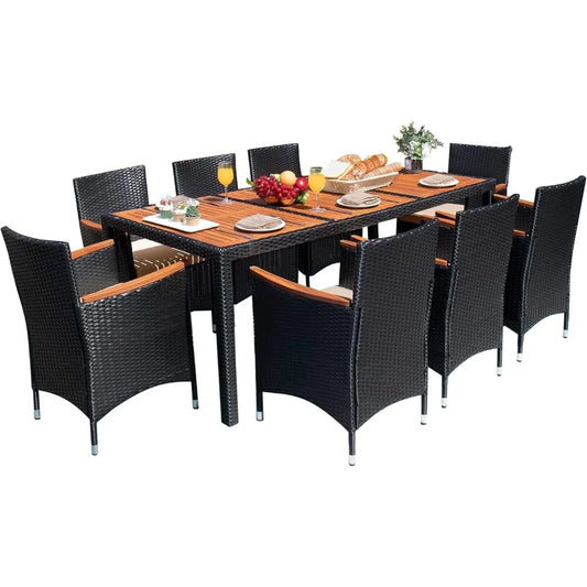 Outdoor Patio Dining Set 9 Pieces Wicker Dining Table and Chairs with Acacia Wood Top and Widened Armrests - Wild Paw Outdoors